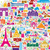 Colorful pattern of Paris landmarks and icons on a white background