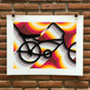 East LA Lowrider Bike, an unframed screenprint on white paper with wide margins, hung from two black clips on a brick wall