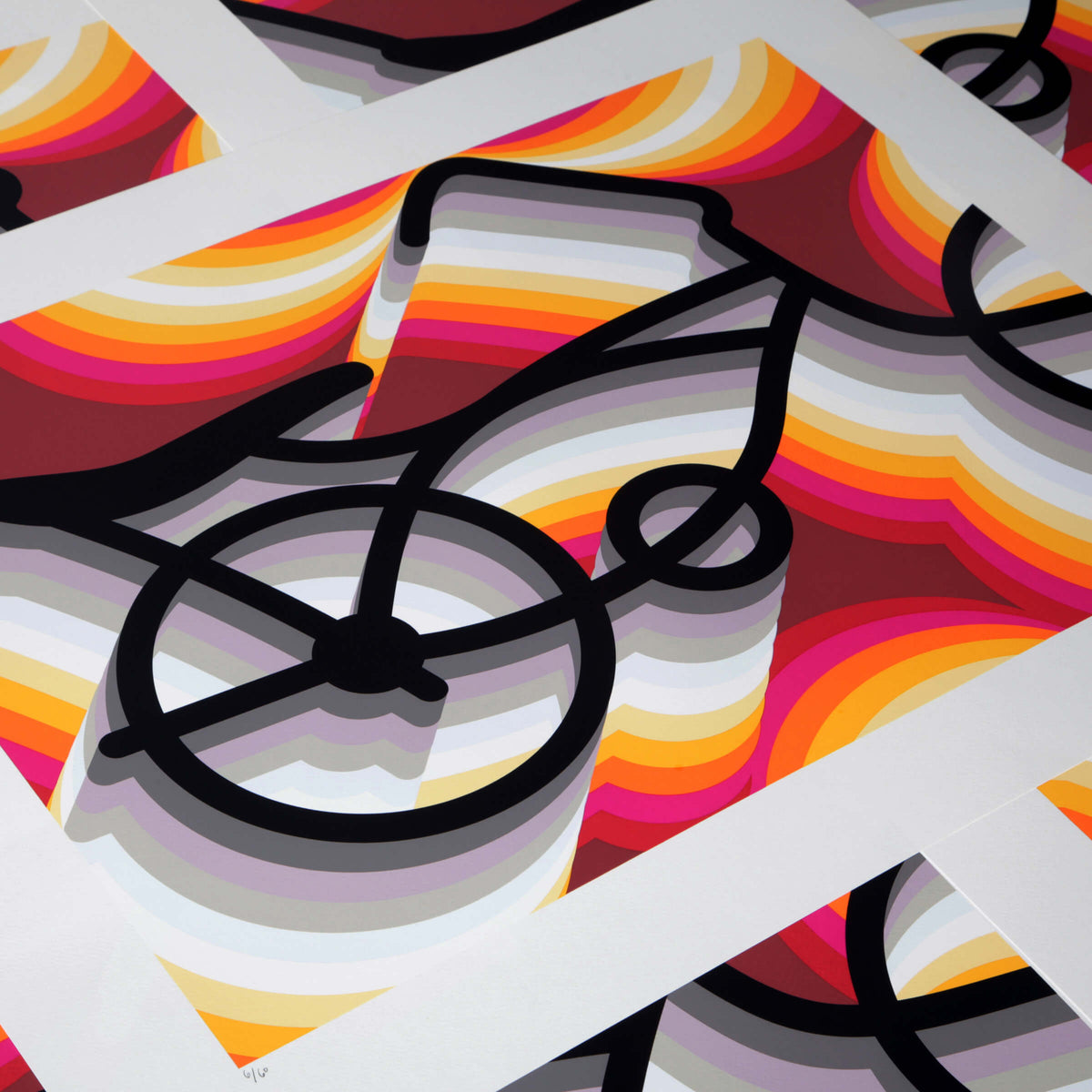 Overlapping sheets of East LA Lowrider Bike screenprints seen at an angle, with the edition number 6/60 in pencil at the lower left