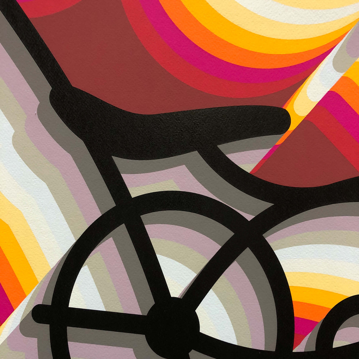 Close-up of East LA Lowrider Bike showing the black banana seat, the wheel hub, and shadows made of stacked gray and lilac stripes