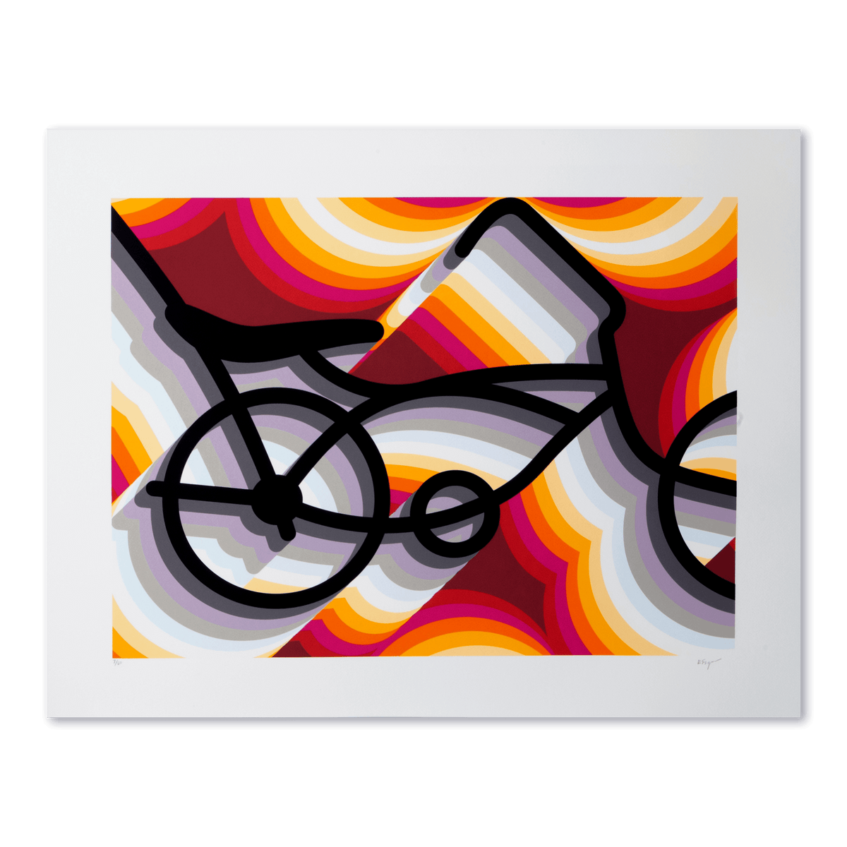 East LA Lowrider Bike, a signed screenprint: a black lowrider bike with a banana seat and tall handlebars rides through rippling bands of magenta, orange, marigold, lilac, gray, and deep red, printed on white paper and signed and numbered in pencil below the image.