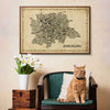 Cat sitting on a chair with a map of Bengaluru above, on a beige wall.