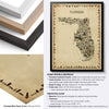 Florida Antique illustrated map poster with black, natural and white hardwood frame options, premium matte paper detail and framing specifications.