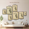 Florida Antique illustrated map poster size guide showing seven framed print sizes from 12 x 18 to 30 x 40 inches above a neutral sofa.