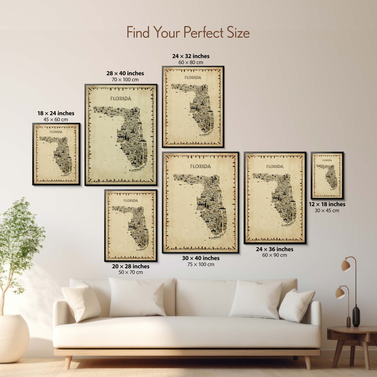 Florida Antique illustrated map poster size guide showing seven framed print sizes from 12 x 18 to 30 x 40 inches above a neutral sofa.