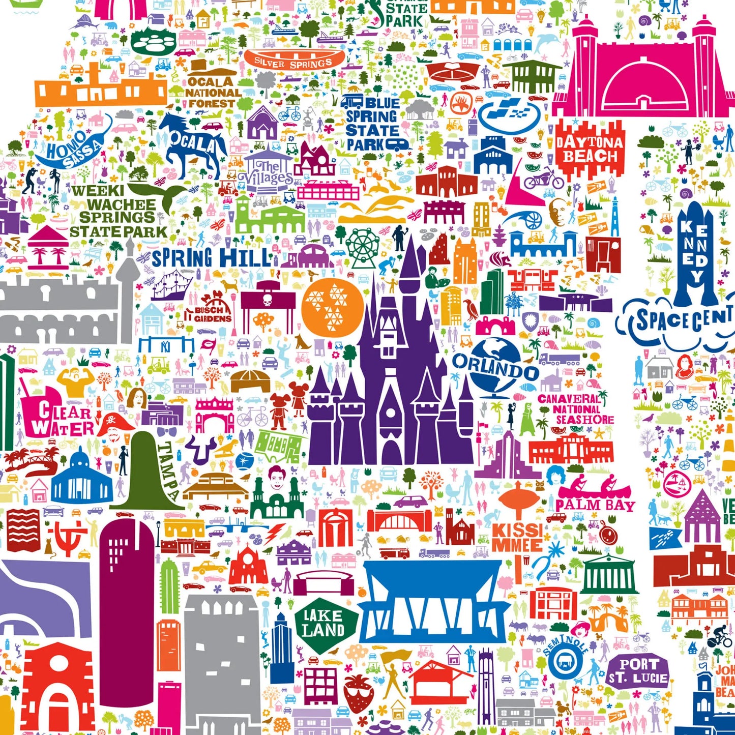 Colorful pattern of various icons and symbols on a white background