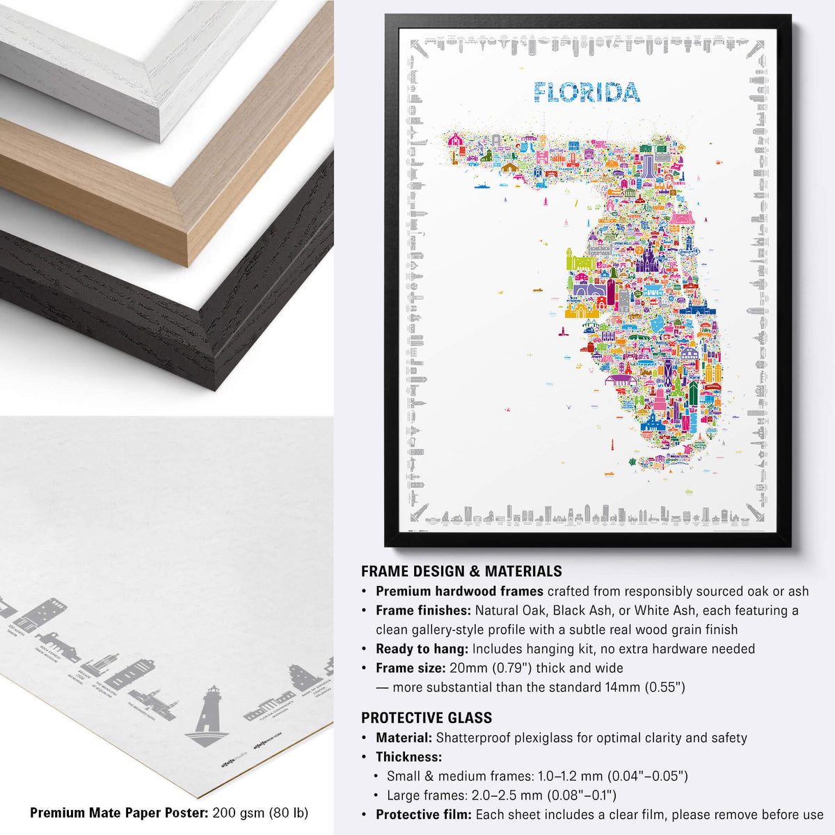 Colorful Florida illustrated map poster with black, natural and white hardwood frame options, premium matte paper and framing specifications.