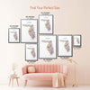 Colorful Florida illustrated map poster size guide showing seven framed print sizes from 12 x 18 to 30 x 40 inches above a blush pink sofa.