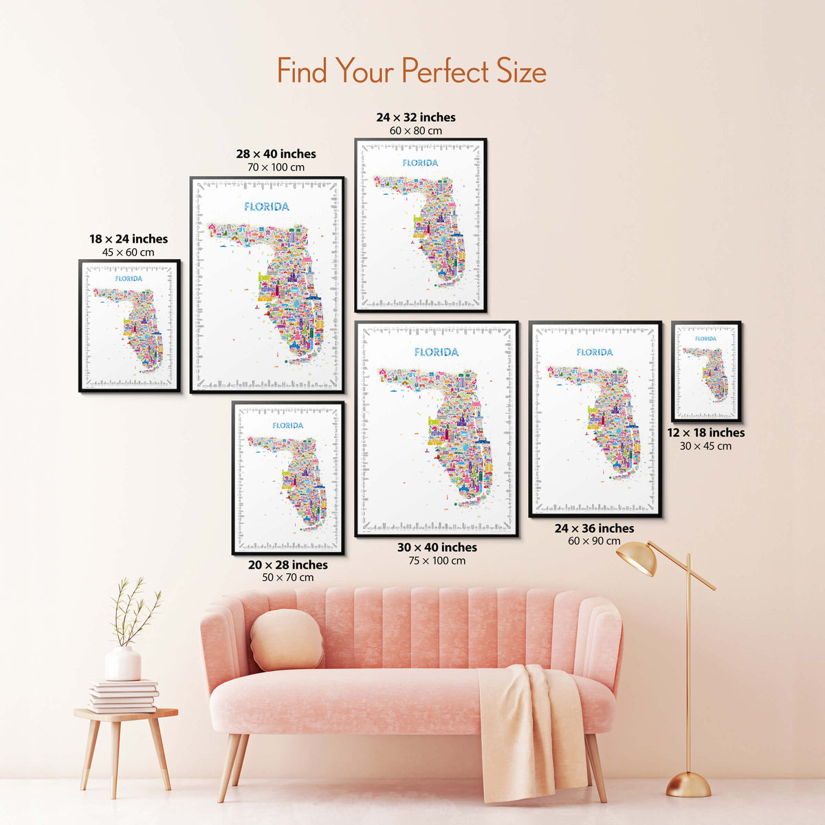 Colorful Florida illustrated map poster size guide showing seven framed print sizes from 12 x 18 to 30 x 40 inches above a blush pink sofa.
