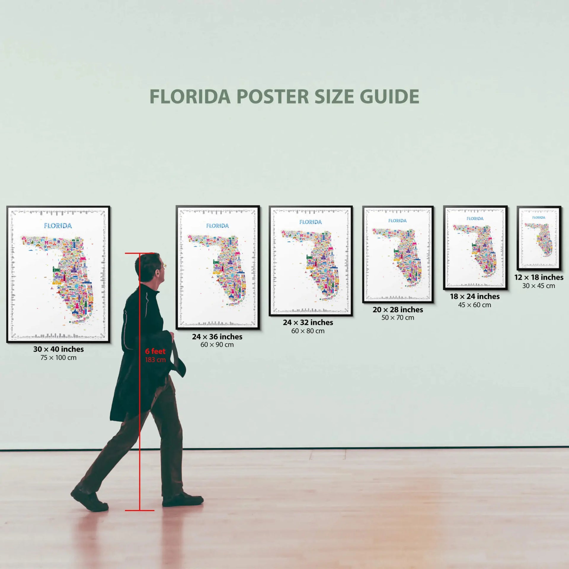 Florida poster size guide with a person for scale on a light gray background