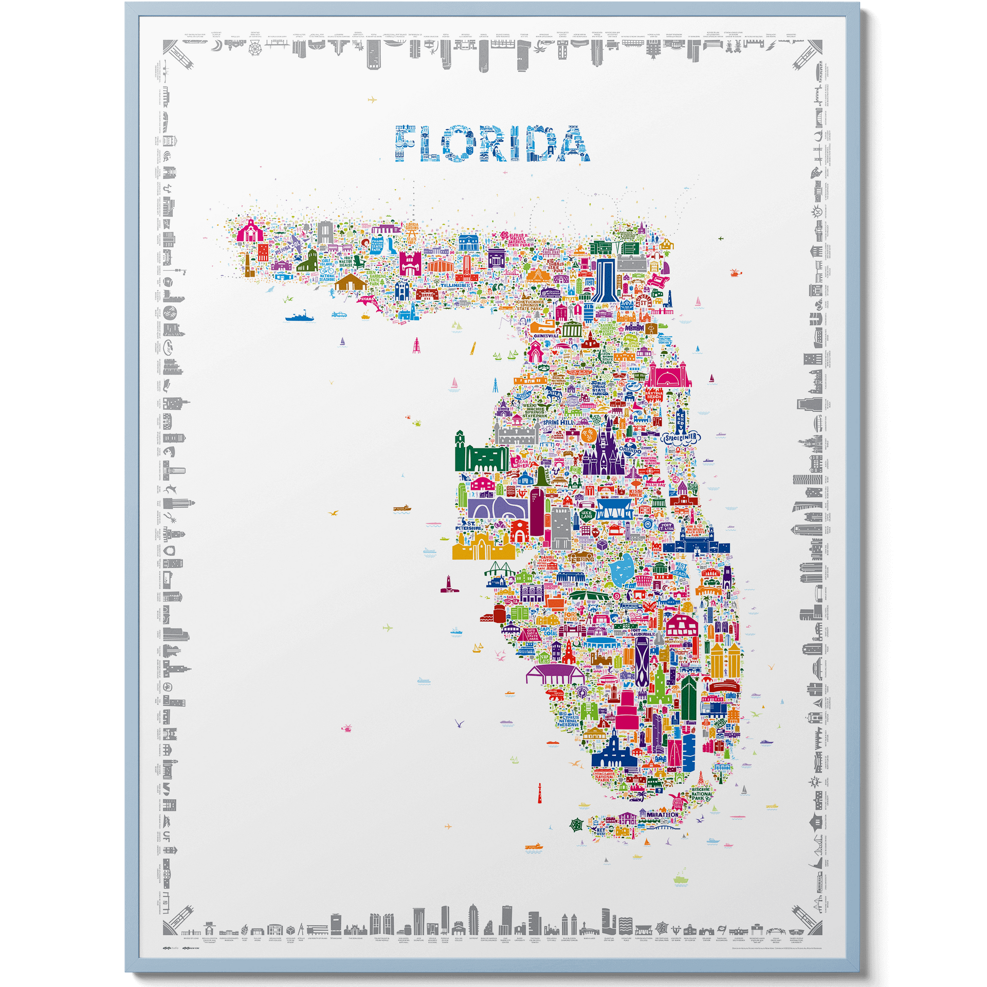 Colorful map of Florida with various icons on a white background