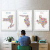 Person sitting at a desk with colorful state maps of New York, Florida, and Texas on the wall.