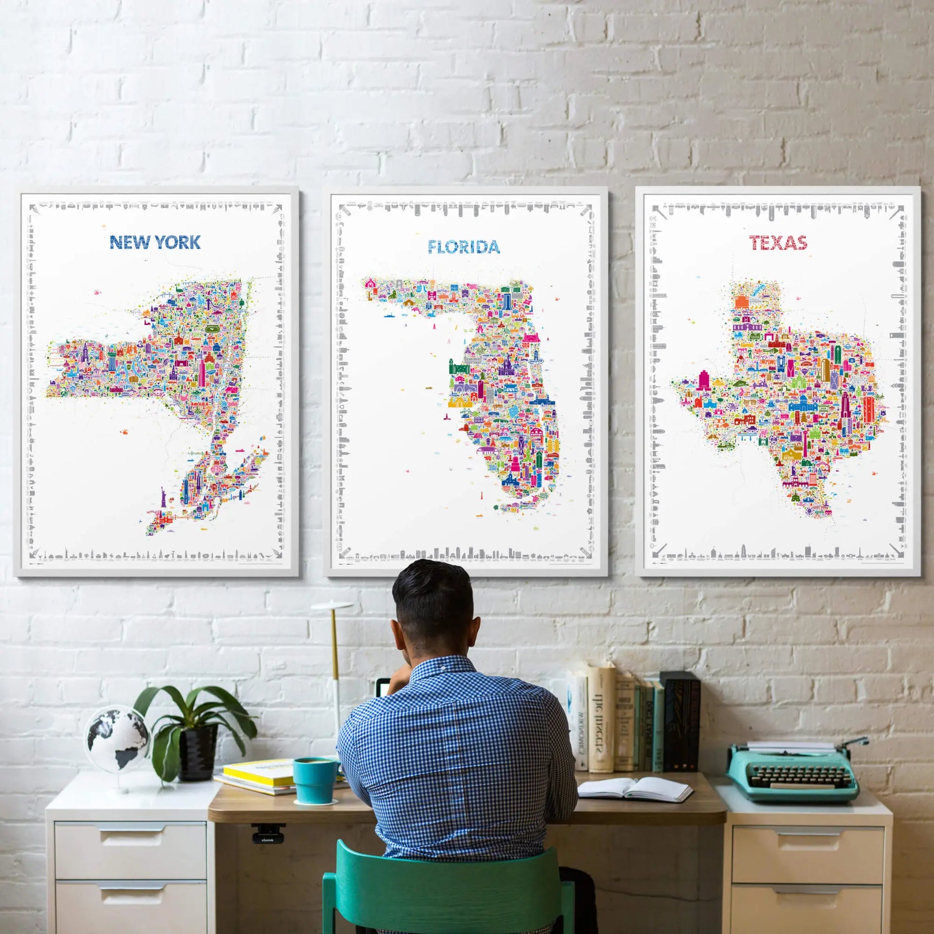 Person sitting at a desk with colorful state maps of New York, Florida, and Texas on the wall.