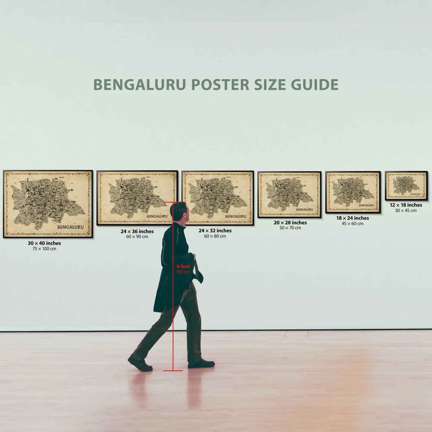 Poster size guide with a person for scale in an art gallery setting