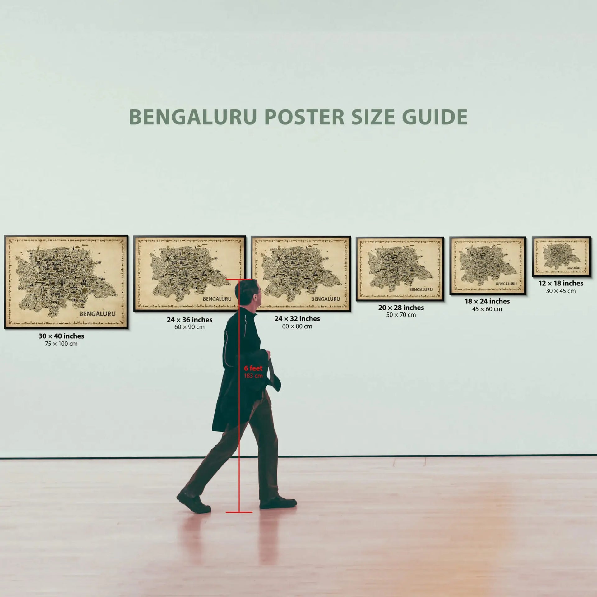 Poster size guide with a person for scale in an art gallery setting