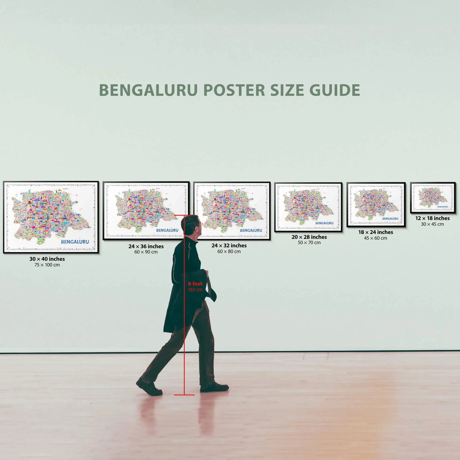 Poster size guide with a person for scale in an art gallery setting