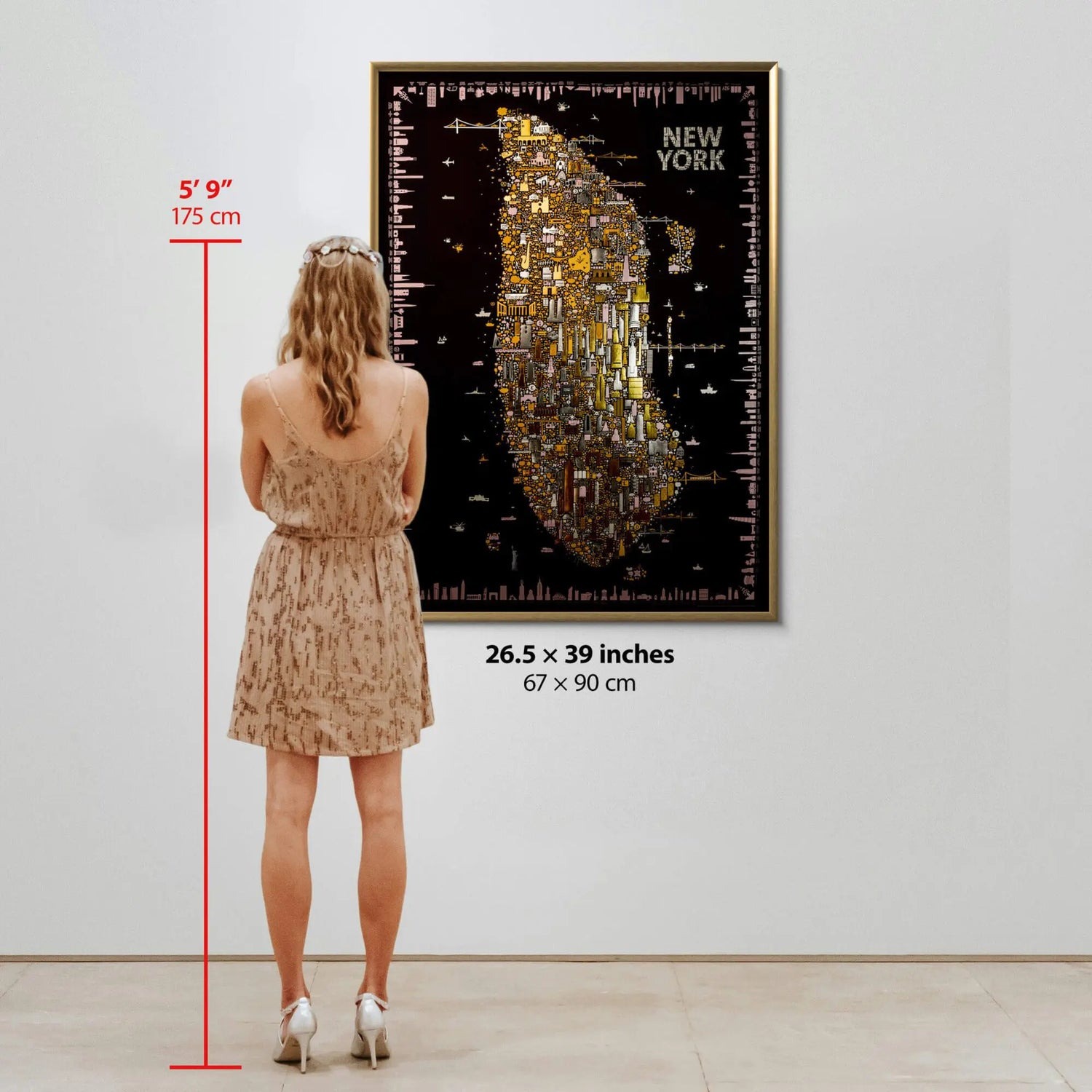 Woman looking at a framed map of New York City, with measurements displayed.