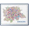 Colorful illustrated map of Bengaluru city featuring detailed landmarks and attractions in a vibrant, modern art style with a white background and blue frame.