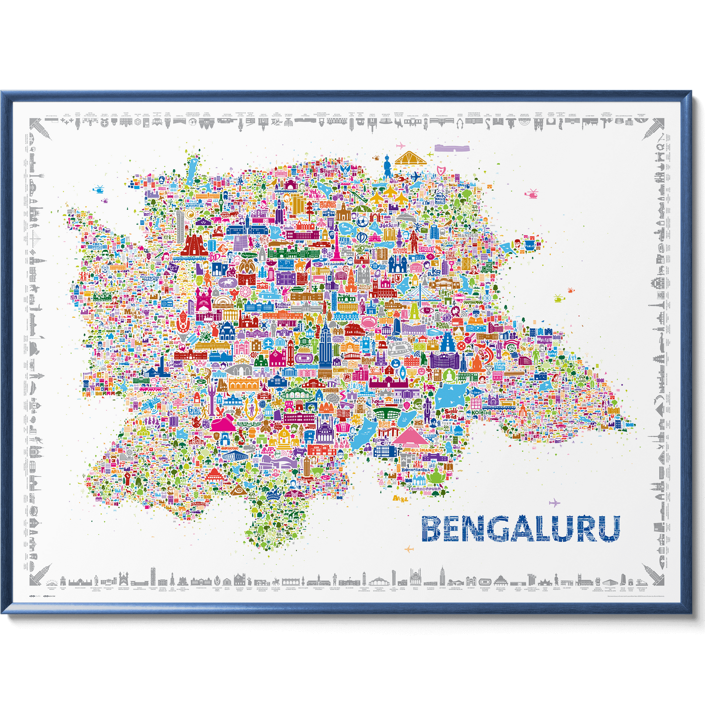 Colorful illustrated map of Bengaluru city featuring detailed landmarks and attractions in a vibrant, modern art style with a white background and blue frame.