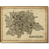 Vintage-style Bengaluru city map art print in sepia tones, featuring detailed hand-illustrated landmarks and framed in natural wood for a timeless, classic aesthetic.