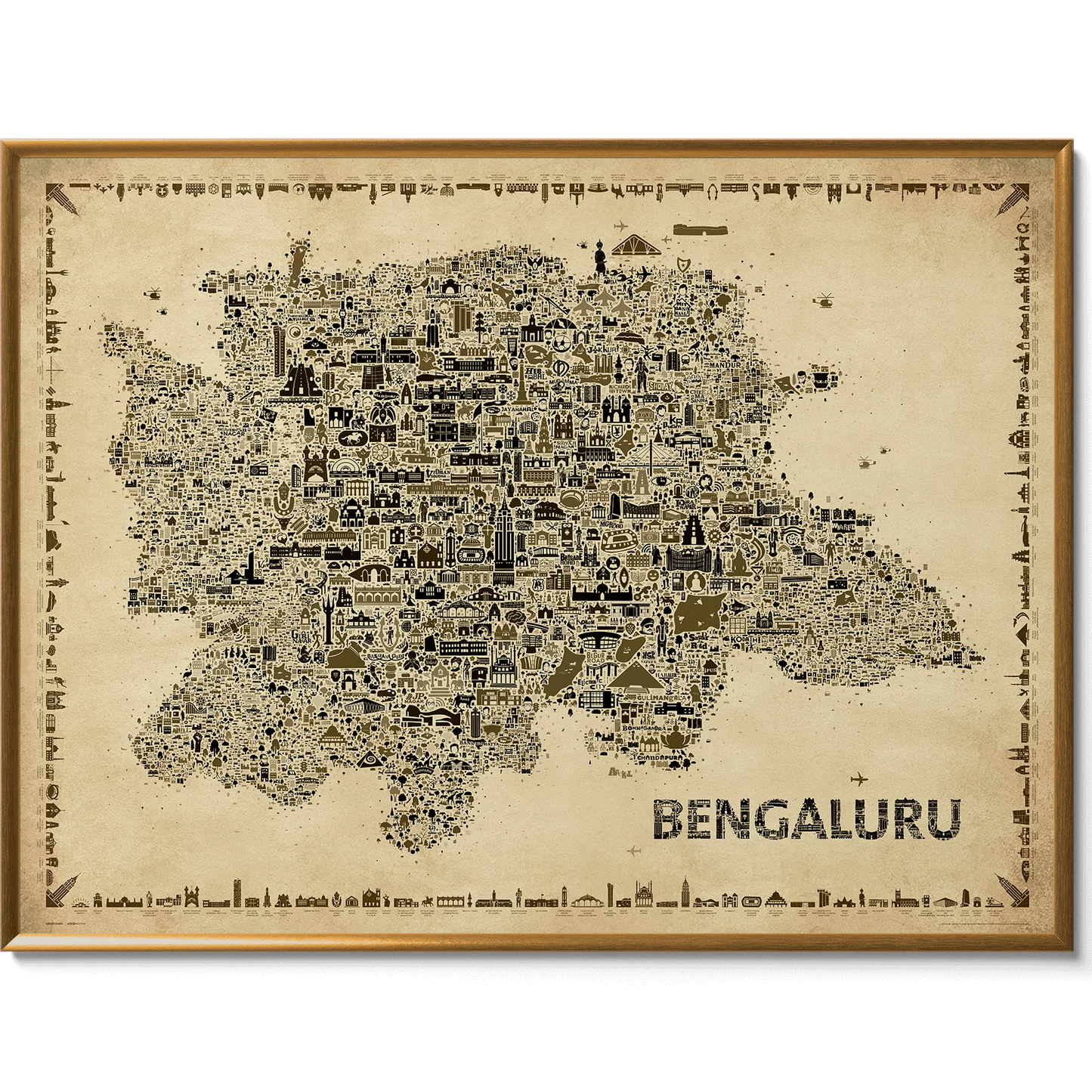Vintage-style Bengaluru city map art print in sepia tones, featuring detailed hand-illustrated landmarks and framed in natural wood for a timeless, classic aesthetic.