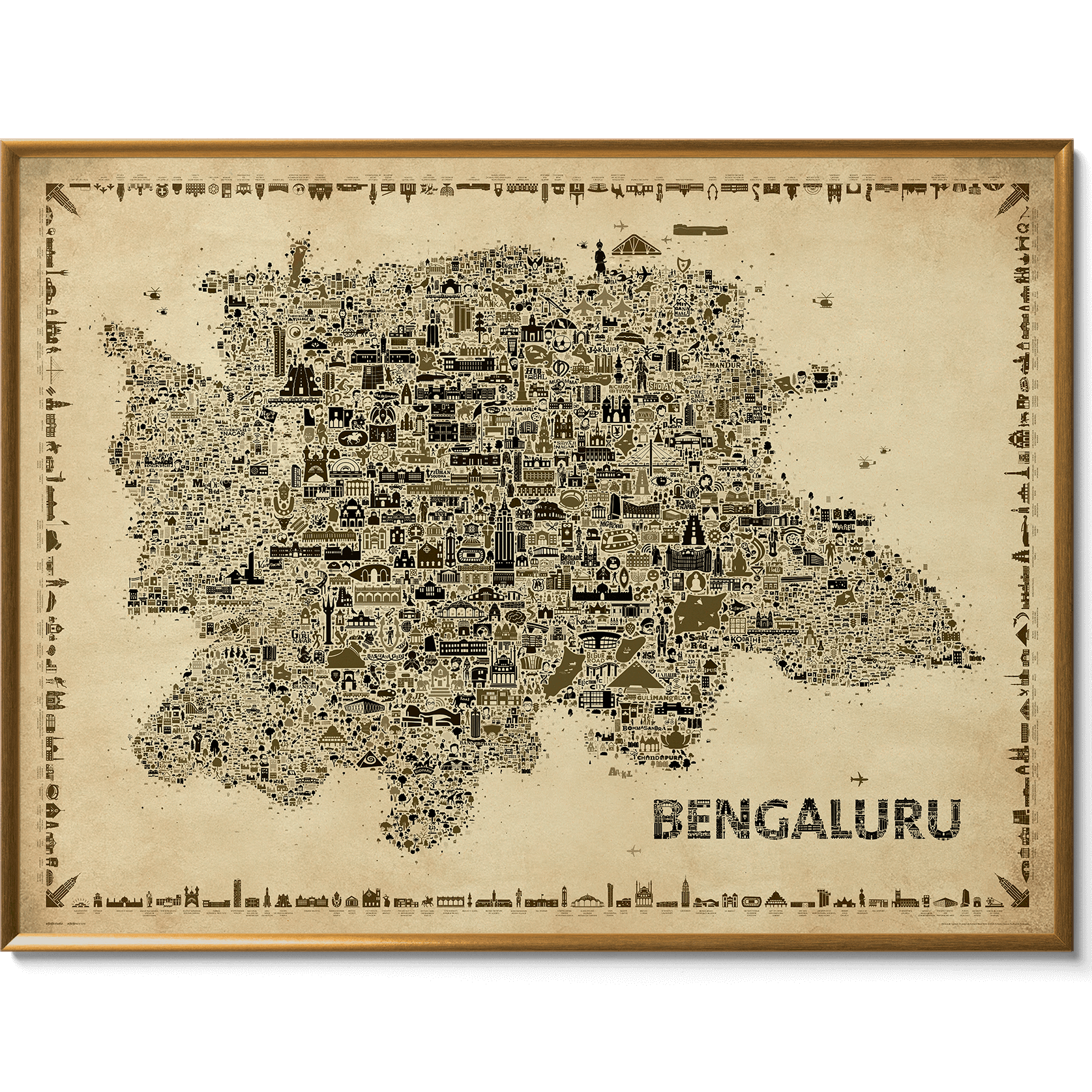 Vintage-style Bengaluru city map art print in sepia tones, featuring detailed hand-illustrated landmarks and framed in natural wood for a timeless, classic aesthetic.