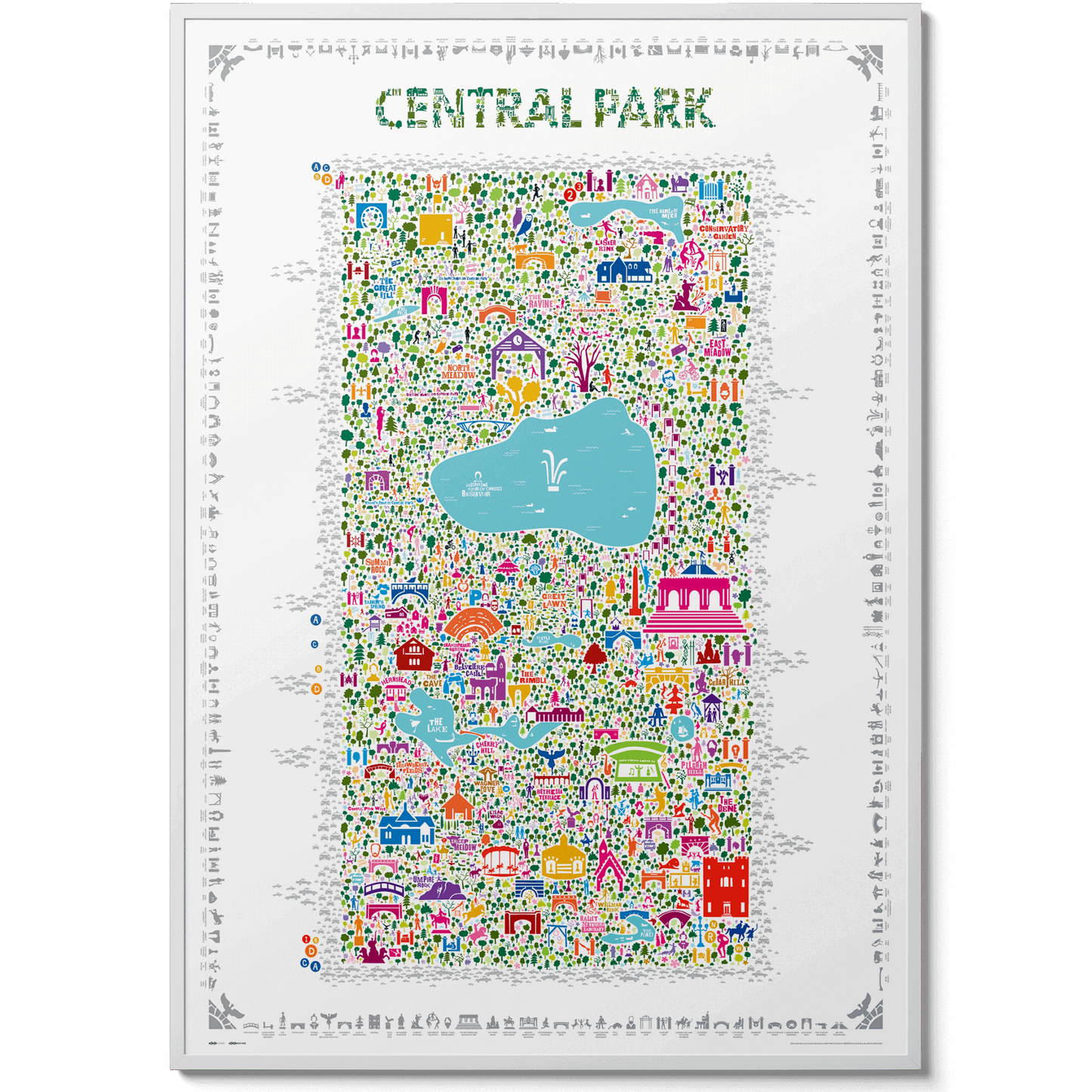 Colorful illustrated Central Park map art print featuring iconic landmarks, lakes, and greenery — modern wall art designed in a detailed, vibrant style by Alfalfa New York.