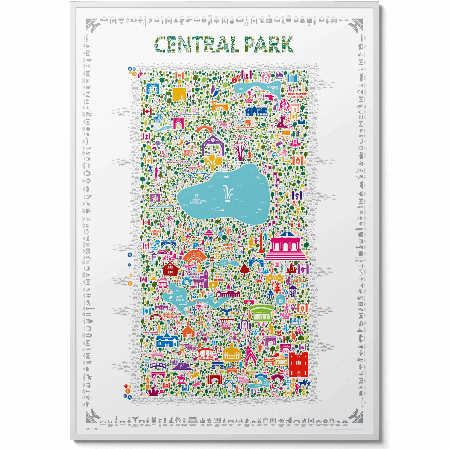 Colorful illustrated Central Park map art print featuring iconic landmarks, lakes, and greenery — modern wall art designed in a detailed, vibrant style by Alfalfa New York.
