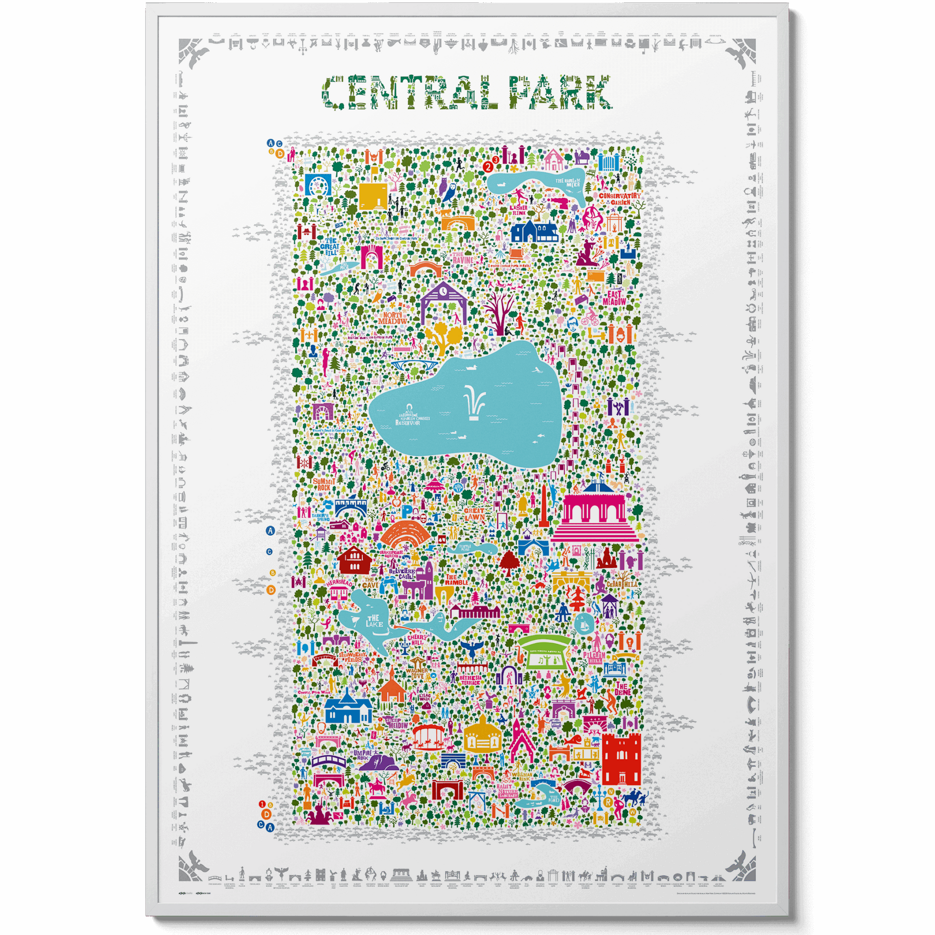 Colorful illustrated Central Park map art print featuring iconic landmarks, lakes, and greenery — modern wall art designed in a detailed, vibrant style by Alfalfa New York.