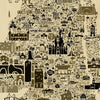 Close-up of Florida antique map poster in sepia tones showing Central Florida with Orlando landmarks, Disney castle, Tampa and detailed vintage illustration