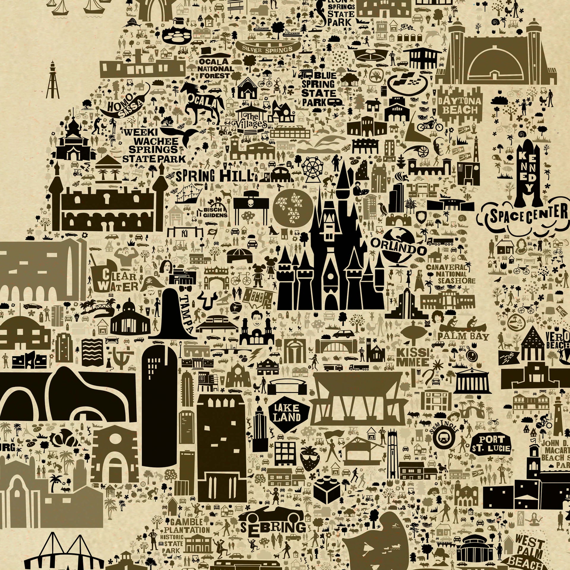 Close-up of Florida antique map poster in sepia tones showing Central Florida with Orlando landmarks, Disney castle, Tampa and detailed vintage illustration