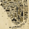 Close-up of Florida antique map poster in sepia tones showing Miami, Key West, Everglades and detailed vintage illustrated landmarks