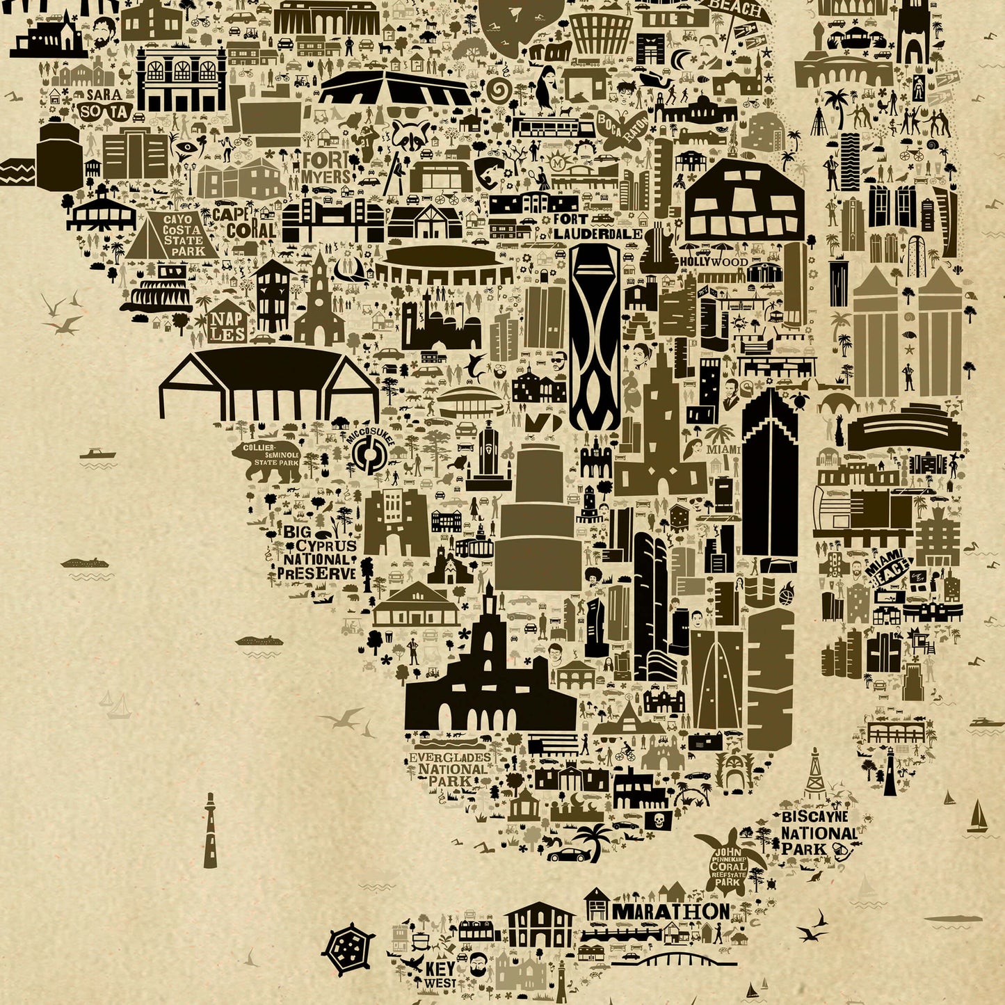 Close-up of Florida antique map poster in sepia tones showing Miami, Key West, Everglades and detailed vintage illustrated landmarks