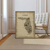 Iconic Florida antique map poster in sepia tones with black frame on paneled wall, vintage Sunshine State wall art in modern classic interior