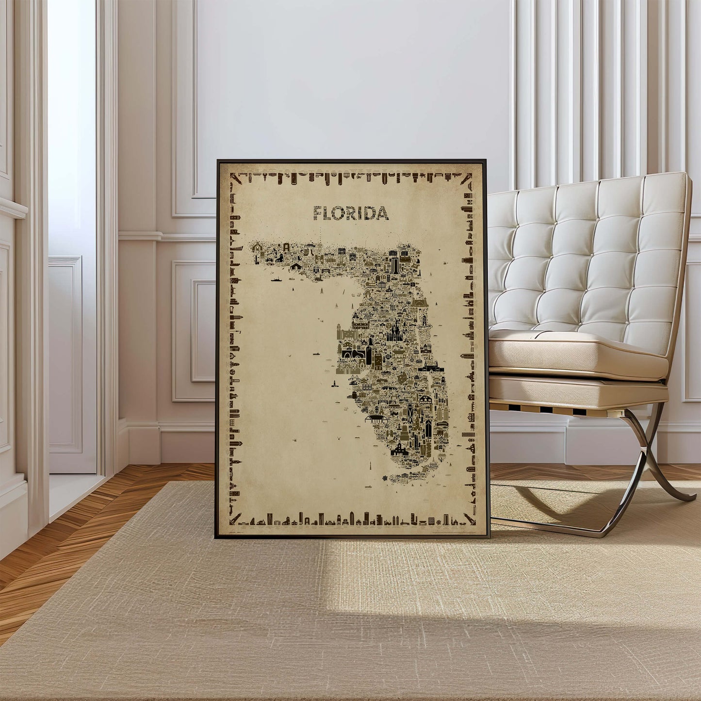 Iconic Florida antique map poster in sepia tones with black frame on paneled wall, vintage Sunshine State wall art in modern classic interior