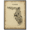 Iconic Florida antique map poster in sepia tones with black frame on white background, vintage illustrated wall art with landmarks and cities