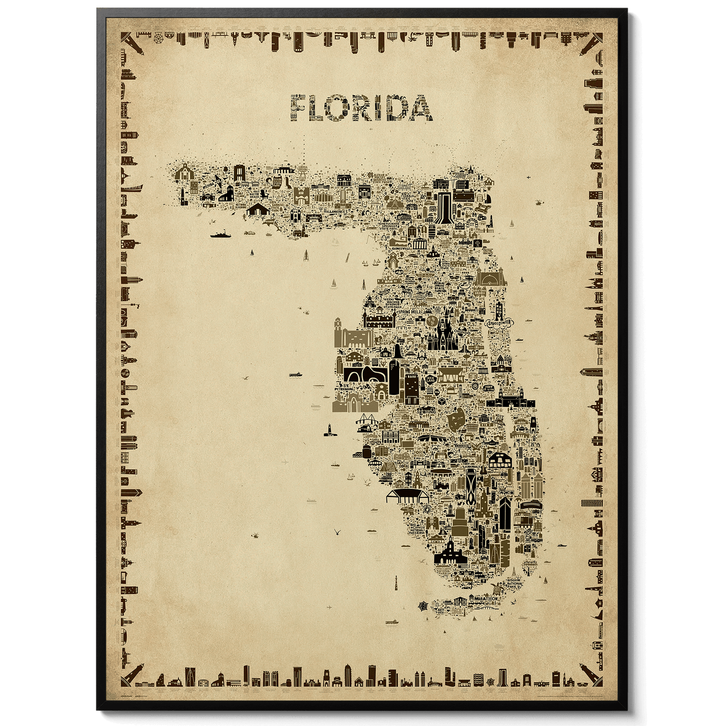 Iconic Florida antique map poster in sepia tones with black frame on white background, vintage illustrated wall art with landmarks and cities