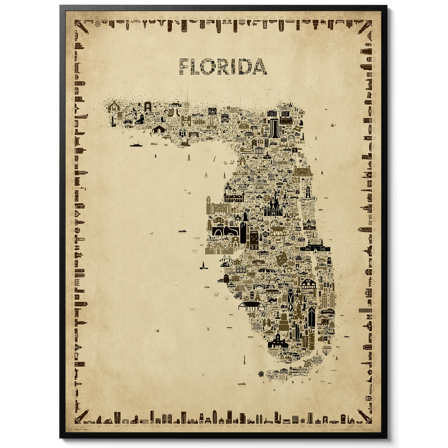 Iconic Florida antique map poster in sepia tones with black frame on white background, vintage illustrated wall art with landmarks and cities