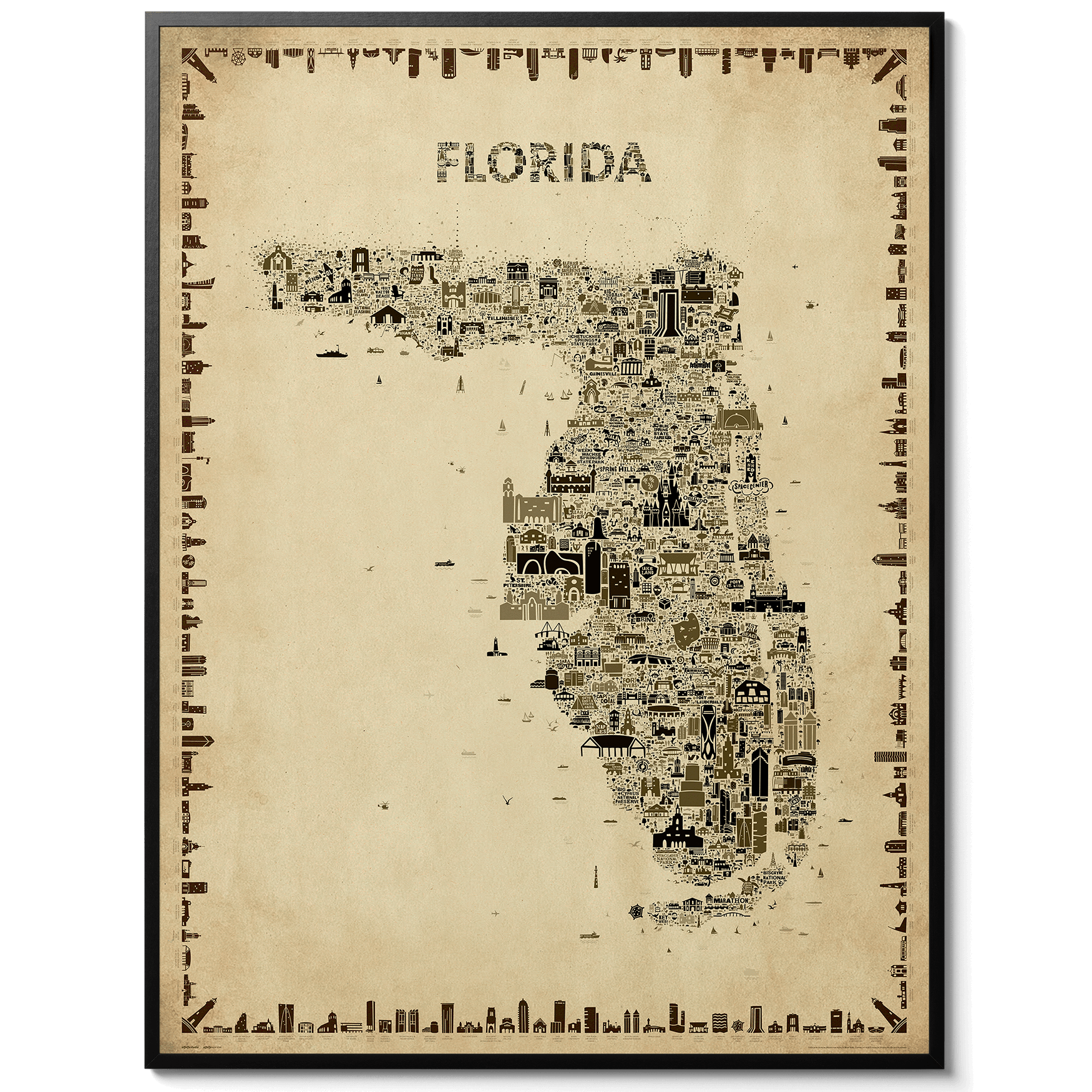 Iconic Florida antique map poster in sepia tones with black frame on white background, vintage illustrated wall art with landmarks and cities