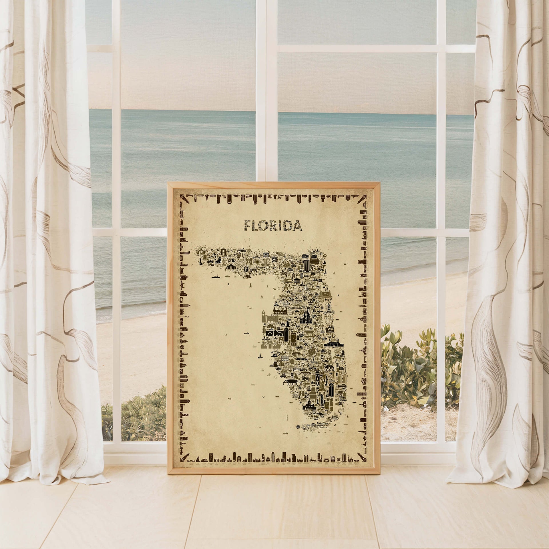Florida antique map poster in sepia tones by coastal window with ocean view, vintage travel wall art inspired by the Sunshine State