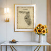 Florida antique map poster in sepia tones above marble console with flowers, warm vintage wall art décor for elegant interior