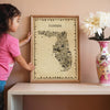 Florida antique map poster in sepia tones with child interacting, vintage educational wall art inspiring curiosity and storytelling