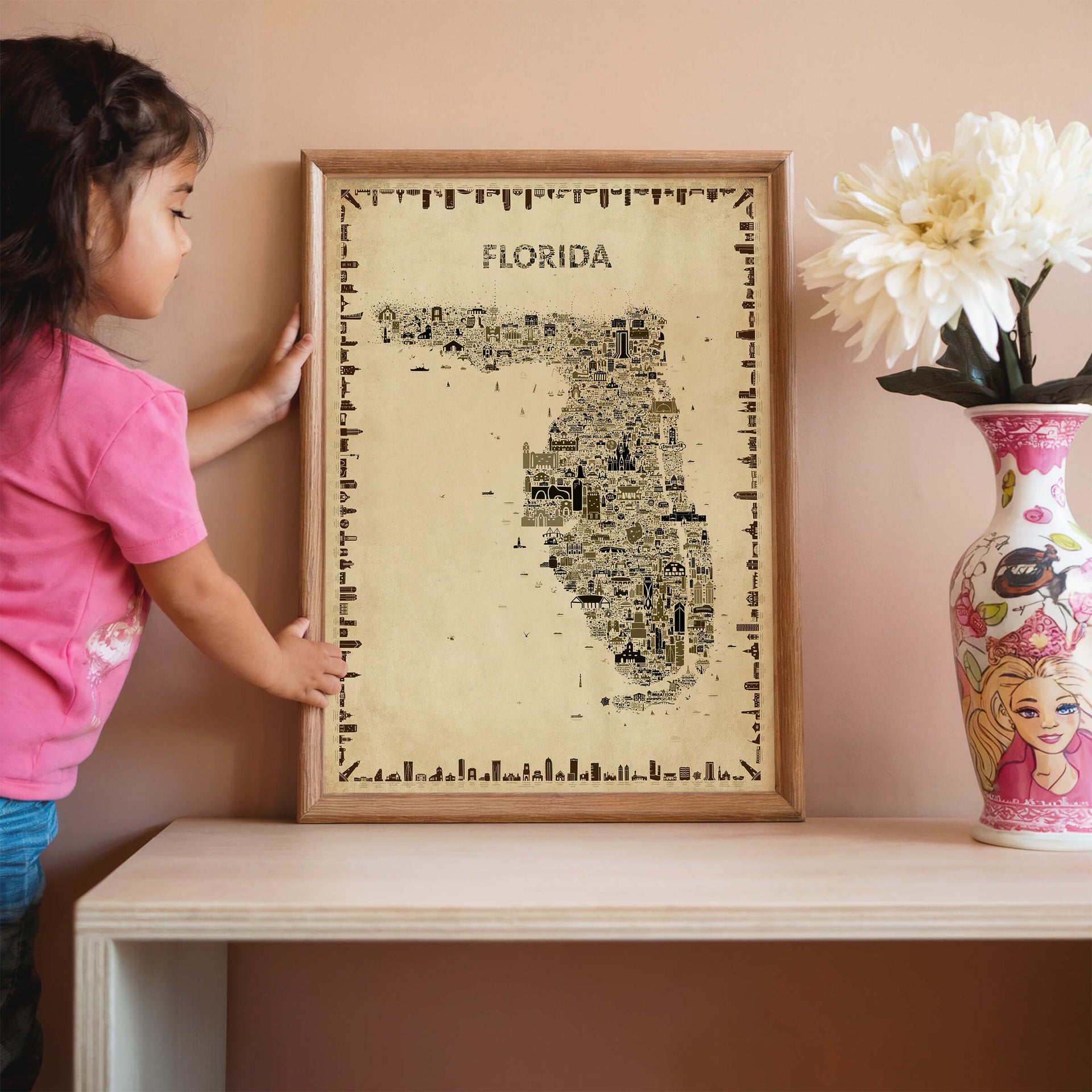 Florida antique map poster in sepia tones with child interacting, vintage educational wall art inspiring curiosity and storytelling