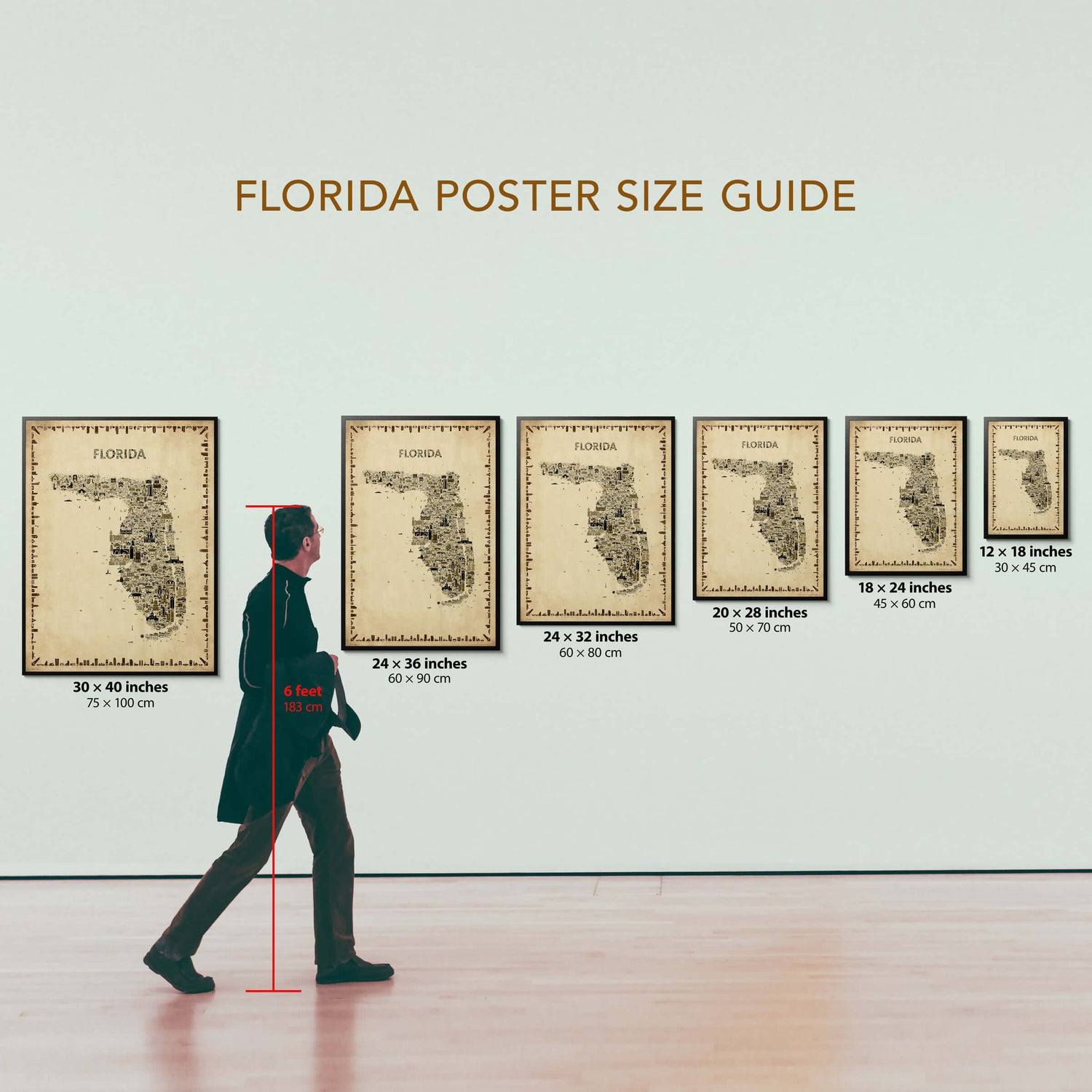 Florida antique map poster size guide in sepia tones showing multiple framed sizes with scale reference and dimensions