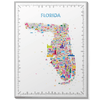 Iconic Florida colorful map poster in black frame on white background, detailed illustrated wall art featuring cities, landmarks, and travel icons