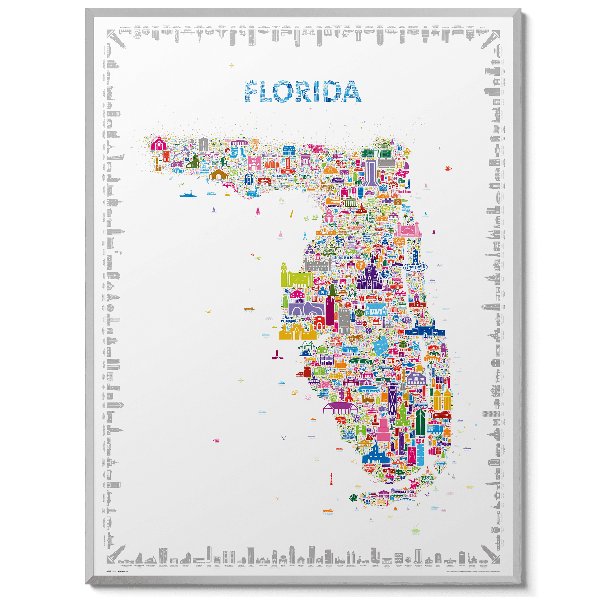 Iconic Florida colorful map poster in black frame on white background, detailed illustrated wall art featuring cities, landmarks, and travel icons