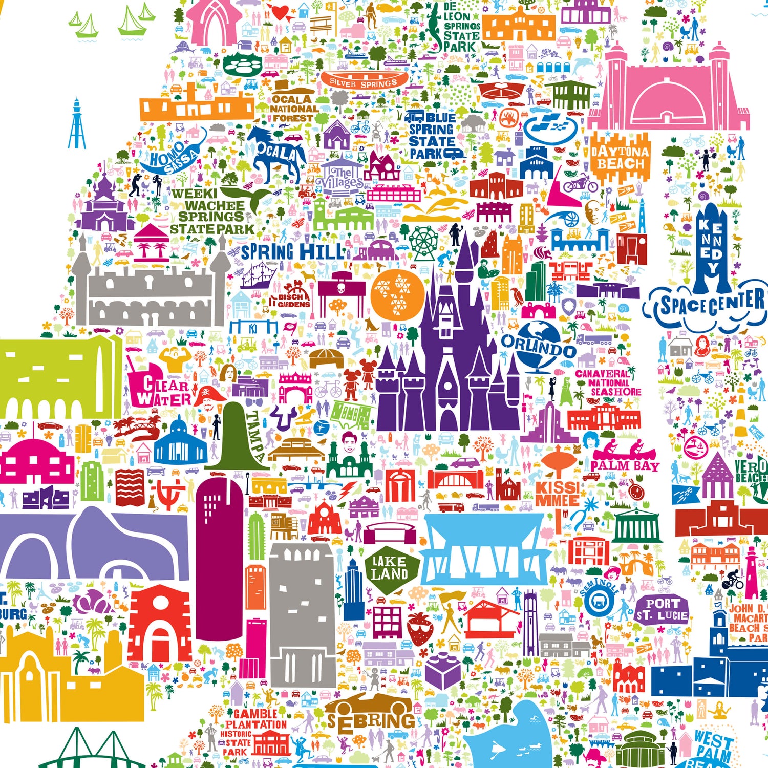 Close-up of Iconic Florida colorful map poster showing Central Florida with Orlando, Disney castle, Tampa, Kennedy Space Center and detailed illustrated landmarks