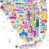 Close-up of colorful Florida map poster showing Miami, Fort Lauderdale, Key West, Everglades and detailed illustrated landmarks and wildlife