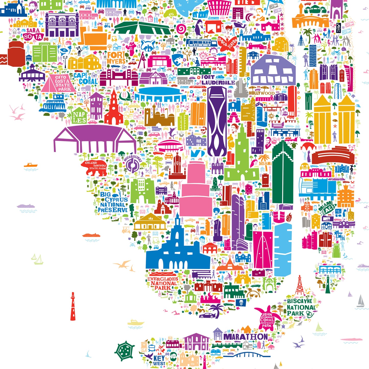 Close-up of colorful Florida map poster showing Miami, Fort Lauderdale, Key West, Everglades and detailed illustrated landmarks and wildlife