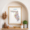 Florida map poster in gold frame placed in arched niche with sculptural décor, artistic wall art for modern interior styling